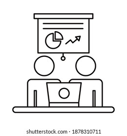 avatars couple working in laptop and statistics coworking line style icon vector illustration design