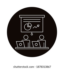 avatars couple working in laptops and statistics coworking line style vector illustration design