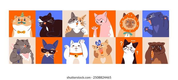 Avatars of cute cats with different emotions set. Square shape user profiles with funny kittens with sad, happy, angry, crying faces. Comic kitties, pets emoji. Flat isolated vector illustrations