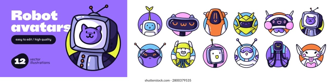Avatars of cute robots set. Round portraits of happy cyborg characters. AI bot icons. Circle shapes with faces of funny humanoids and computers. Flat isolated vector illustration on white background