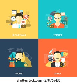 Avatars design concept set with businessman teacher tourist and artist flat icons isolated vector illustration