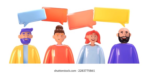 Avatars with dialog speech bubbles. People discuss different topics. 3d realism style. Vector illustration