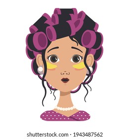 Avatars with different emotions. Girl with pink curlers and yellow patches. Fashion avatar in flat vector art