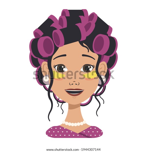 Avatars with different\
emotions. Girl with pink curlers and yellow patches. Fashion avatar\
in flat vector art