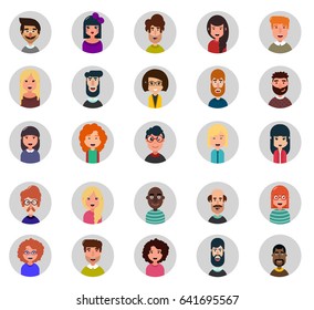 Avatars. Different human faces. Set of twenty five avatar vector icons. Simple design. Flat style.  Vector illustration EPS10