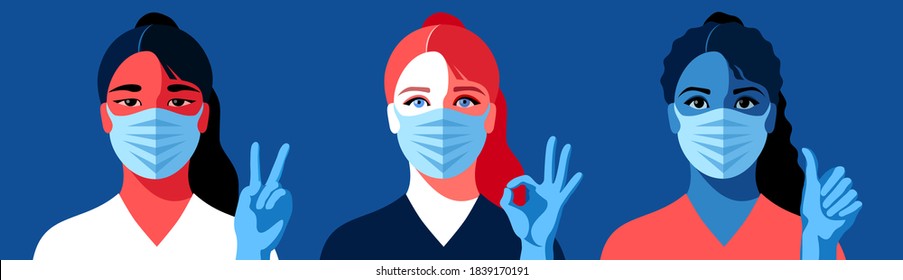 Avatars of different nationality, coronavirus pandemic concept. Female characters in medical face masks and gloves, showing victory, ok and approval signs. Vector illustration