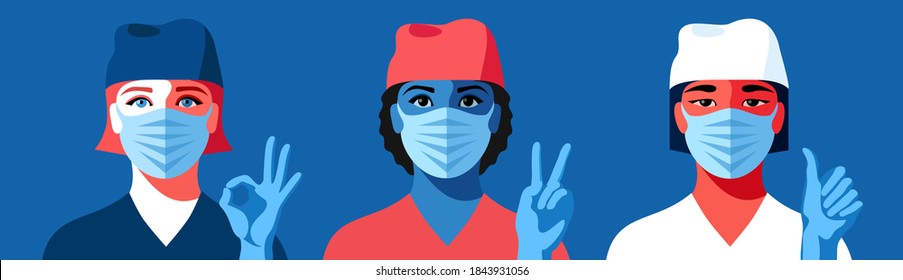 Avatars of different nationality, coronavirus pandemic concept. European, African and Asian women in medical face masks and gloves, showing victory, ok and approval signs. Vector illustration