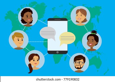 Avatars Different people on world map. Smartphone with social network application,flat design. Vector illustration
