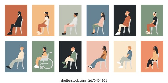 Avatars of different people sitting, side view.	