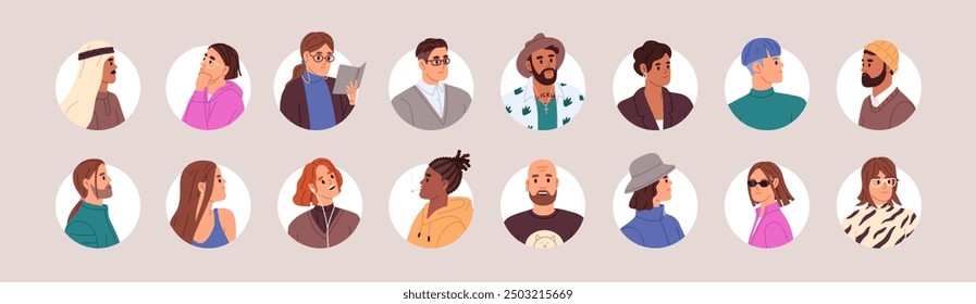 Avatars of diverse people with round form of frame set. Different men and women portraits in circle shape. Various male and female faces, heads for user profile. Flat isolated vector illustrations