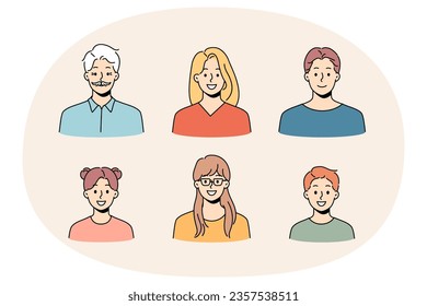 Avatars of diverse people set. Collection of younger and older person faces. Diversity and equality. Vector illustration.