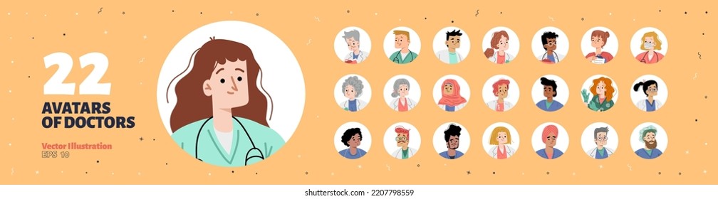 Avatares de médicos, enfermeras, personal sanitario. Personas diversas obreras hospitalarias, retratos profesionales de personajes paramédicos en marco circular, ilustración plana vectorial