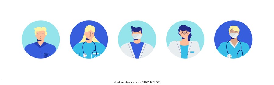 Avatars doctors. Portraits of medical professionals for consultations in social networks and vector online communication with provision first aid.