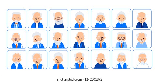 Avatars elderly men. Illustrations of heads of pensioner in rounded squares. Male faces. Illustration of men characters isolated on white background in flat style.