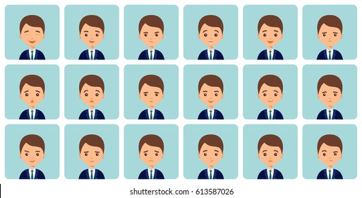 Avatars emotions. Male face with different expressions. Man in flat design. Cartoon character. Vector illustration. Set of isolated people icons.