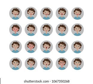    Avatars Emotions. Set Of Human Facial Expressions. Cartoon Style Vector Emoji Icons In The Circle.