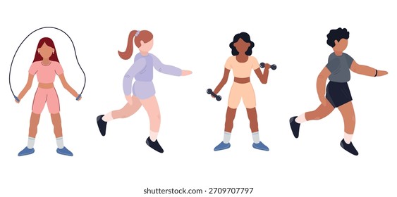 Avatares de ejercicio: saltar la cuerda, correr y entrenamiento con pesas. Personajes de estilo plano, ropa deportiva y aspecto moderno. Ideal para proyectos de salud, gimnasio, fitness y bienestar. Ilustración vectorial