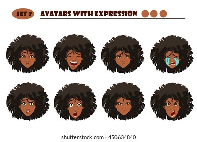 Avatars with expression. Black Woman with 8 expression. Joy, laughter, sorrow, sadness, anger, rage, surprise, shock, crying