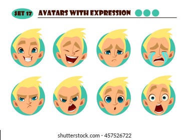 Avatars with expression. Blond boy with 8 expression. Joy, laughter, sorrow, sadness, anger, rage, surprise, shock, crying