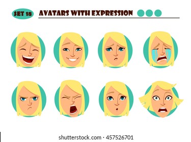 Avatars with expression. Blond woman  with 8 expression. Joy, laughter, sorrow, sadness, anger, rage, surprise, shock, crying