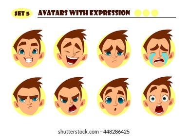 Avatars with expression. Boy with 8 expression. Joy, laughter, sorrow, sadness, anger, rage, surprise, shock, crying