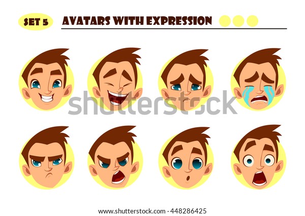 表情を持つアバター 8つの表情を持つ少年 喜び 笑い 悲しみ 悲しみ 怒り 怒り 驚き ショック 泣く のベクター画像素材 ロイヤリティフリー
