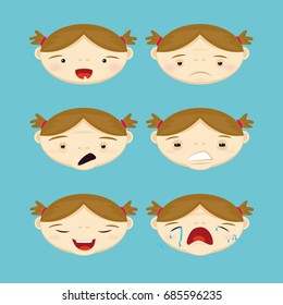 Avatars with an expression. Little baby girl with 6 expressions. Joy, astonishment, laughter, sadness, anger, crying, boring, joy.