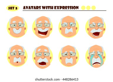 Avatars with expression. Old man with 8 expression. Joy, laughter, sorrow, sadness, anger, rage, surprise, shock, crying