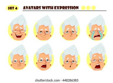 Avatars With Expression. Old Woman With 8 Expression. Joy, Laughter, Sorrow, Sadness, Anger, Rage, Surprise, Shock, Crying