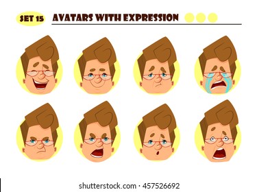 Avatars With Expression. Old Woman With 8 Expression. Joy, Laughter, Sorrow, Sadness, Anger, Rage, Surprise, Shock, Crying