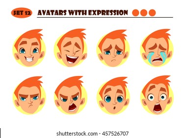 Avatars with expression. Red Boy with 8 expression. Joy, laughter, sorrow, sadness, anger, rage, surprise, shock, crying