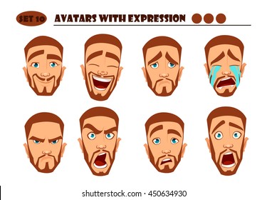 Avatars with expression. Red Man with 8 expression. Joy, laughter, sorrow, sadness, anger, rage, surprise, shock, crying