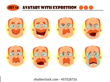 Avatare mit Ausdrücken. Roter alter Mann mit 8 Ausdruck. Freude, Lachen, Trauer, Traurigkeit, Wut, Wut, Überraschung, Schock, Weinen
