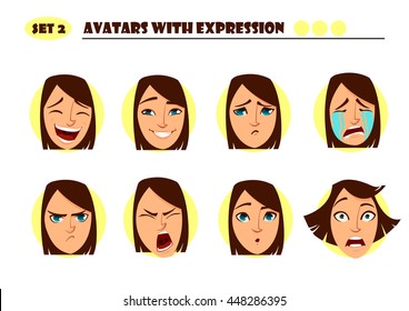 Avatars with expression. Woman  with 8 expression. Joy, laughter, sorrow, sadness, anger, rage, surprise, shock, crying