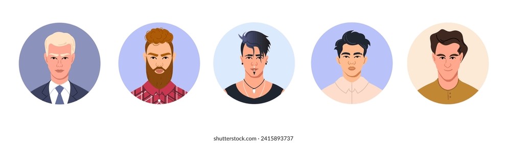 Avatars with the faces of young men in a round frame. Circles with portraits of male characters of different nationalities. A set of user profiles. Vector cartoon illustration in a flat style