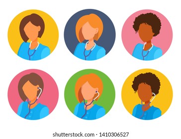 Avatars of female doctors clip art design. Women with short hair without faces. Medical gown, stethoscope. Vector cartoon flat style faceless portraits on a colored circle background.