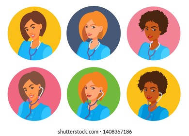 Avatars of female doctors. Woman with short hair smiles, looks at the viewer. Medical gown, stethoscope. Vector cartoon flat style portraits on a colored circle background.