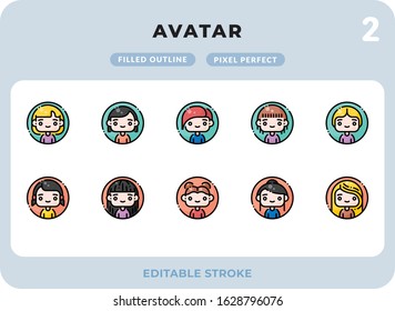 Avatars Filled Icons Pack for UI. Editable Stroke. Pixel perfect thin line vector icon set for web design and website application.
