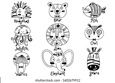 Avatars funny animal faces Hedgehog Bear Fish Jellyfish Lion Owl Walrus Elephant Zebra. Vector illustration.