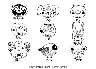 Avatars funny animal faces Raccoon Dog Pig Bear Ram Hare Rabbit Cat Bird Mouse Rat. Vector illustration.