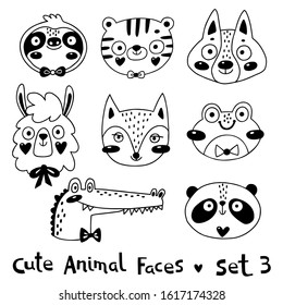 Avatars divertidos animales se enfrentan al cocodrilo Sloth Tiger Wolf Alpaca Frog Panda Fox. Ilustración vectorial.