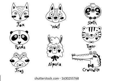 Avatars funny animal faces Sloth Tiger Wolf Alpaca Frog Panda Fox Crocodile. Vector illustration.