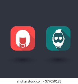 Avatars, girl and bearded man, rounded square icons, vector illustration