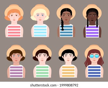 Avatars of girls of different races in summer clothes. Full face portraits of girls. Vector illustration, flat cartoon style.