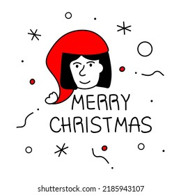 Avatars head, face of girl and lettering Merry Christmas. The xmas black and red vector illustration in doodle art style. Trendy hand drawn icons.