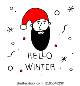 Avatars head, face of Merry Christmas man or Santa Claus and lettering HELLO WINTER. The xmas black and red vector illustration in doodle art style. Trendy hand drawn icons.