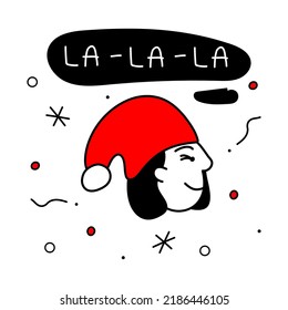 Avatars head, face of Merry Christmas woman and lettering LA LA LA. The xmas black and red vector illustration in doodle art style. Trendy hand drawn icons.