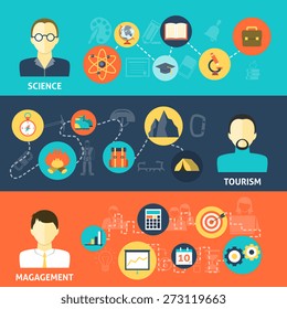 Avatars horizontal banner set with science tourism management professions elements isolated vector illustration