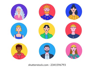 Avatars icons in the flat cartoon design. Colorful images of avatars with young people, which are common everywhere. Vector illustration.