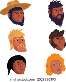 Avatars Icons of people A set of icons in a flat style Vector illustration. Men face are different facial features with a beard in a hat and with a mustache drawn by hand. Different hair and skin